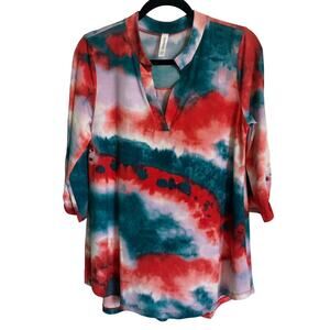 Honeyme Tie Die 3/4 Sleeve Red White Purple Teal Flowy Blouse Size Small